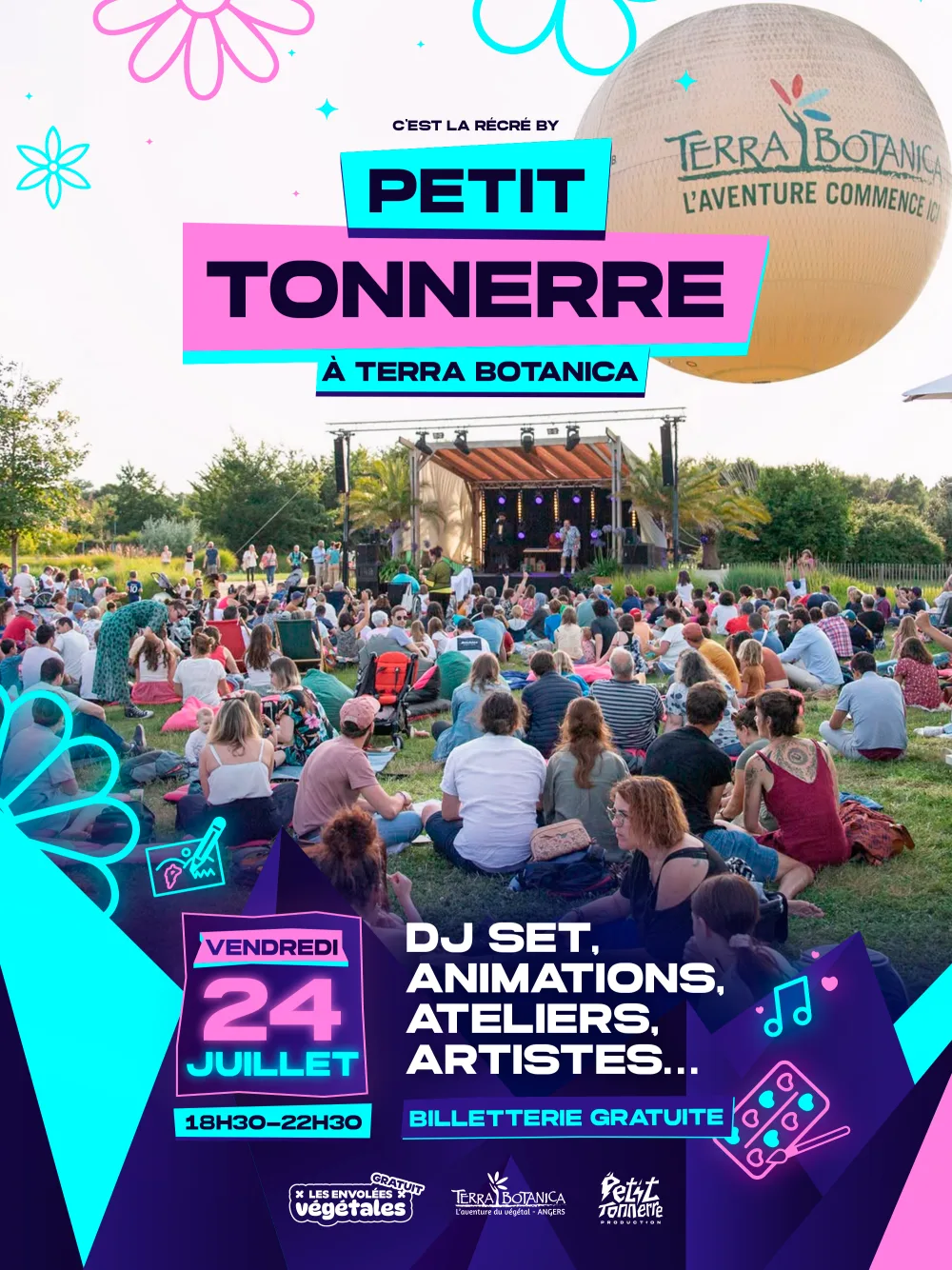 Affiche C'est la récré by Petit Tonnerre à Terra Botanica — vendredi 24 juillet, 18h30 à 22h30, DJ set, animations, ateliers, artistes